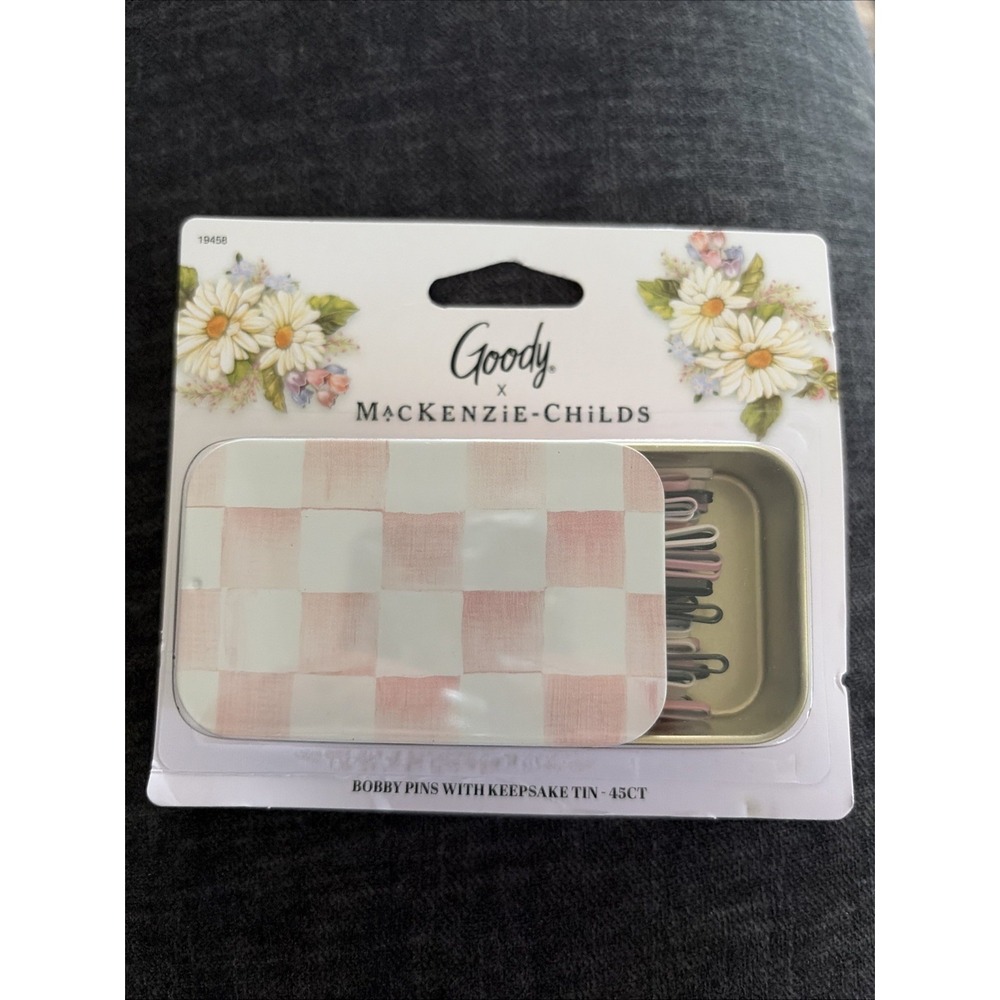 MacKenzie Childs x Goody Pink Rosy Check Keepsake Matchbox Tin Bobby Pins 45 Ct